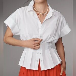Pilcro Bobbie Short-Sleeve Fitted Waist White Button-Down Shirt